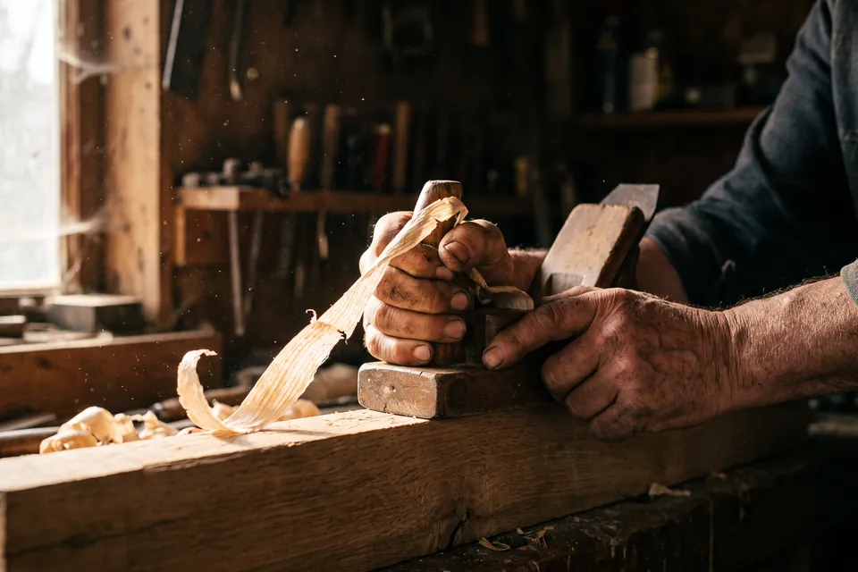 Les mains d’un menuisier guident un rabot sur une planche de chêne, dans la lumière de l’atelier