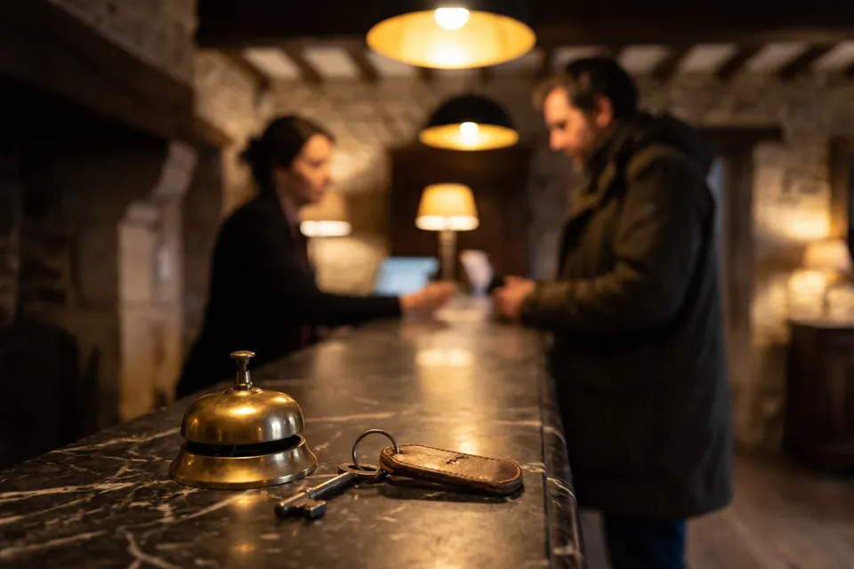 Sonnette en laiton et clé de chambre sur le comptoir de réception d’un petit hôtel